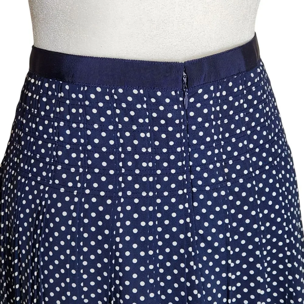 J. Crew Navy White Polka Dot Pleated Knee Length Skirt Women's 8 Preppy Academia